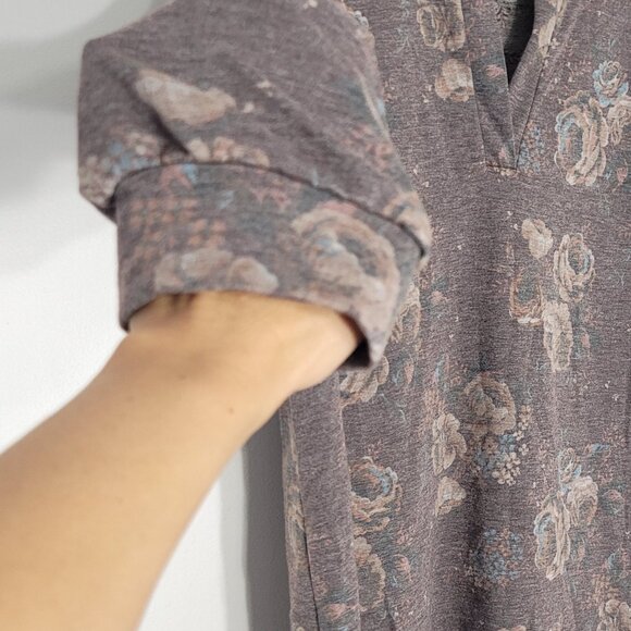 Cool Melon Brown Old Rose Floral V-Neck Cozy Casual High-Low Hem Tunic Size XL - Picture 4 of 11